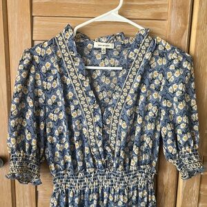 Max Studio Blue Floral V-Neck Smocked Midi Dress